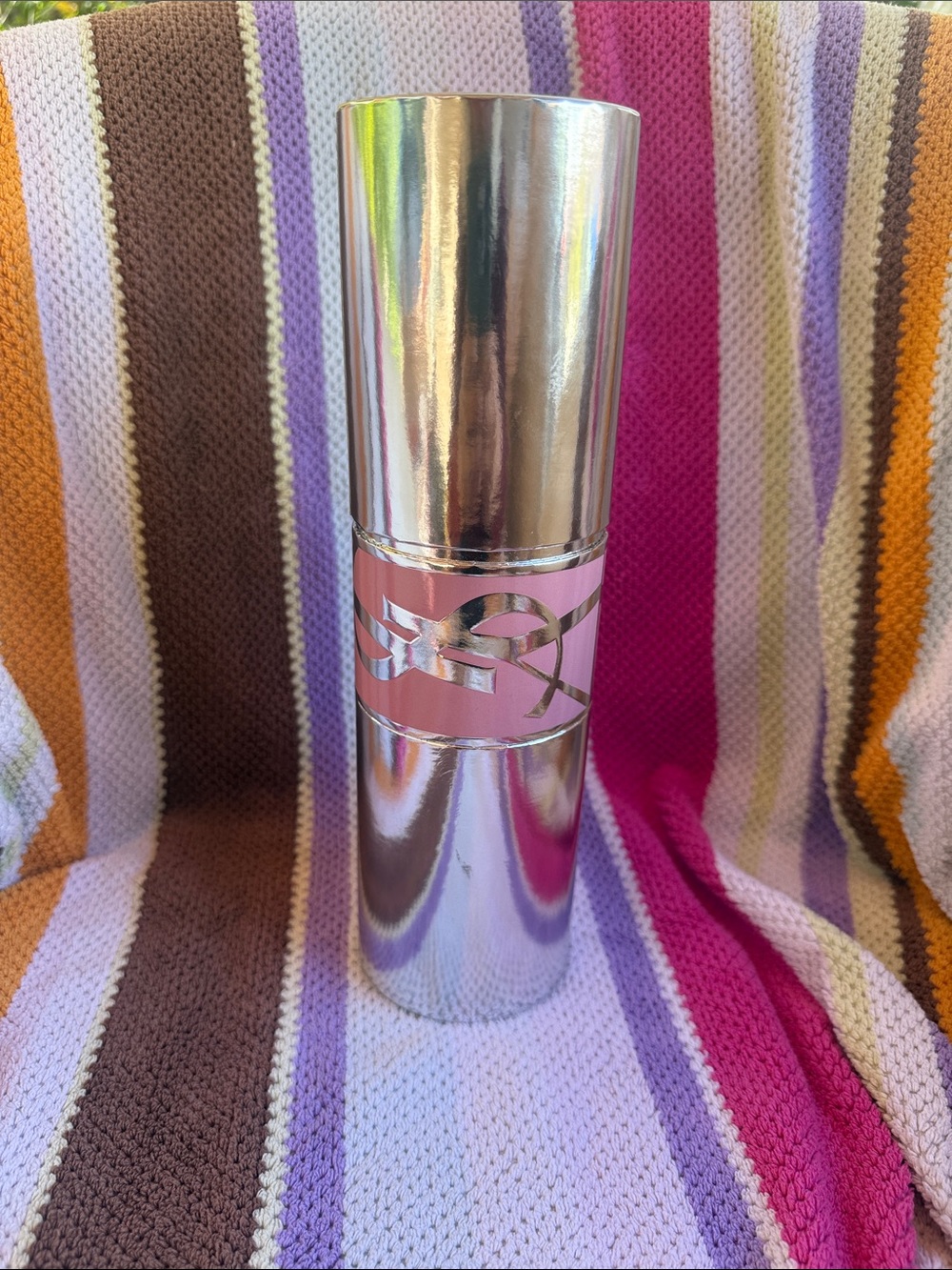 GUERLAIN Silver Cylinder Makeup Vase with Pink Band